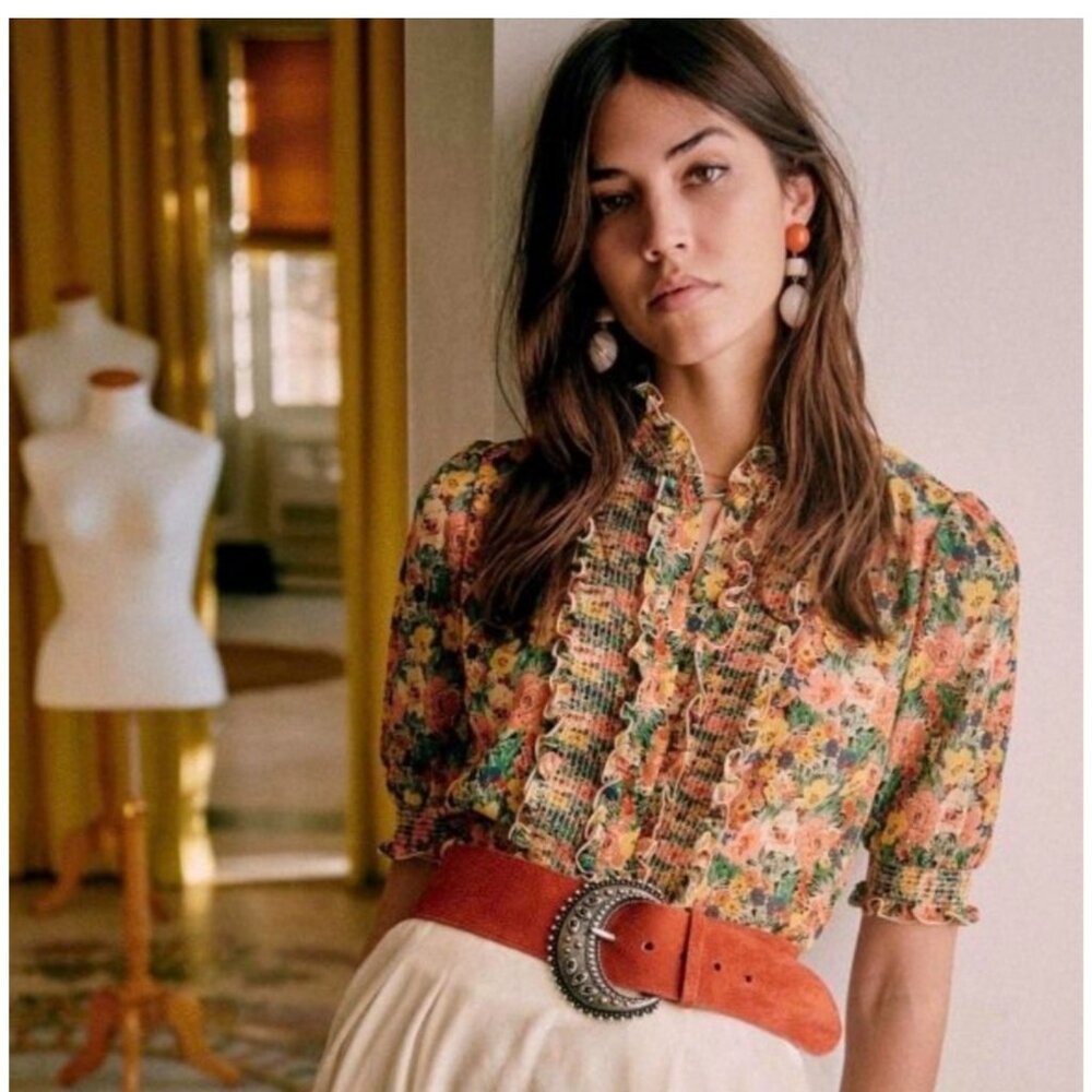 Sézane Noah Floral Ruffled Blouse in Jardin Pastel Size FR 44/US 12